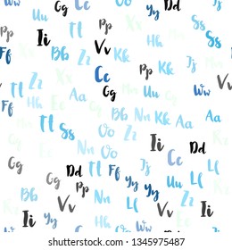 Light BLUE vector seamless layout with latin alphabet. Modern geometrical illustration with ABC english symbols. Texture for window blinds, curtains.