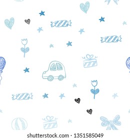 Light BLUE vector seamless layout with new year gifts. Design in xmas style with a toy car, heart, baloon, tulip, candy, ball. Design for holiday adverts.