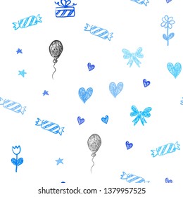 Light BLUE vector seamless layout in new year style. Illustration with a colorfulheart, baloon, candy, gift, star, ribbon. Pattern for birthday gifts.