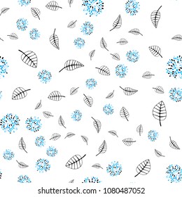 Light BLUE vector seamless natural artwork with leaves and flowers. Sketchy doodles on white background. The best blurred design for your business.