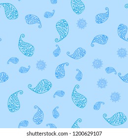 Light BLUE vector seamless natural background with leaves and flowers. Decorative design in Indian style on white background. Completely new template for your design.