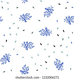 Light BLUE vector seamless natural backdrop with leaves, branches. Decorative design in Indian style on white background. Template for business cards, websites.