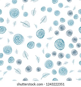 Light BLUE vector seamless natural artwork with leaves and flowers. Leaves, flowers in natural style on white background. Texture for window blinds, curtains.