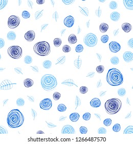 Light BLUE vector seamless natural backdrop with leaves and flowers. Leaves, flowers in natural style on white background. Design for textile, fabric, wallpapers.
