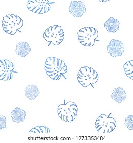 Light BLUE vector seamless natural backdrop with flowers, leaves. Leaves and flowers with gradient on white background. Pattern for trendy fabric, wallpapers.
