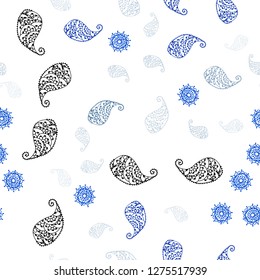 Light BLUE vector seamless natural background with leaves and flowers. Sketchy doodles on white background. Pattern for trendy fabric, wallpapers.