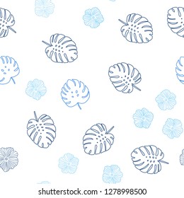 Light BLUE vector seamless natural backdrop with flowers, leaves. Colorful illustration in doodle style with leaves, flowers. Design for wallpaper, fabric makers.