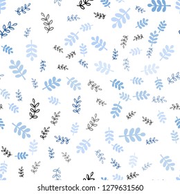 Light BLUE vector seamless natural pattern with leaves, branches. Abstract illustration with leaves, branches in doodles style. Template for business cards, websites.