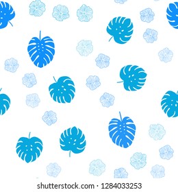 Light BLUE vector seamless natural pattern with flowers, leaves. Leaves and flowers with gradient on white background. Texture for window blinds, curtains.