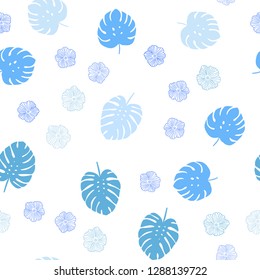 Light BLUE vector seamless natural backdrop with flowers, leaves. Glitter abstract illustration with leaves and flowers. Texture for window blinds, curtains.