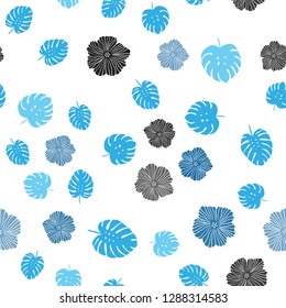 Light BLUE vector seamless natural background with flowers, leaves. Leaves, flowers in natural style on white background. Texture for window blinds, curtains.