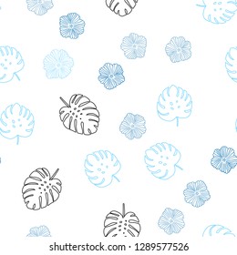 Light BLUE vector seamless natural backdrop with flowers, leaves. Abstract illustration with leaves, flowers in doodles style. Template for business cards, websites.