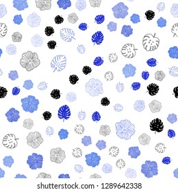 Light BLUE vector seamless natural backdrop with leaves, flowers. Leaves, flowers in natural style on white background. Design for textile, fabric, wallpapers.