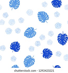 Light BLUE vector seamless natural artwork with flowers, leaves. Sketchy doodles on white background. Pattern for trendy fabric, wallpapers.