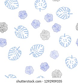 Light BLUE vector seamless natural pattern with flowers, leaves. Colorful illustration in doodle style with leaves, flowers. Template for business cards, websites.