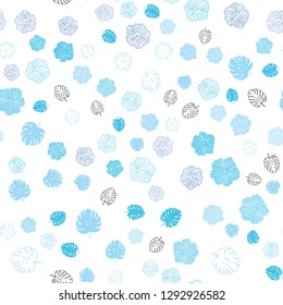 Light BLUE vector seamless natural artwork with leaves, flowers. Glitter abstract illustration with leaves and flowers. Template for business cards, websites.