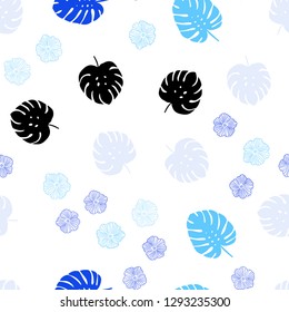 Light BLUE vector seamless natural backdrop with flowers, leaves. Leaves, flowers in natural style on white background. Design for textile, fabric, wallpapers.