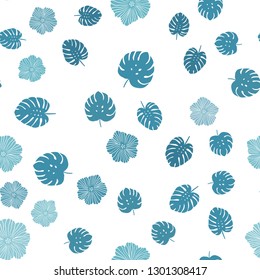 Light BLUE vector seamless natural background with flowers, leaves. Glitter abstract illustration with leaves and flowers. Pattern for design of fabric, wallpapers.