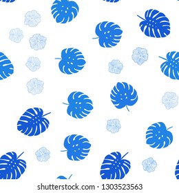 Light BLUE vector seamless natural pattern with flowers, leaves. Shining colored illustration with leaves and flowers. Pattern for design of fabric, wallpapers.