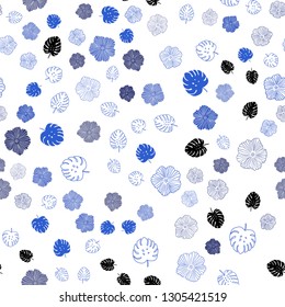 Light BLUE vector seamless natural backdrop with leaves, flowers. Leaves and flowers with gradient on white background. Pattern for design of fabric, wallpapers.