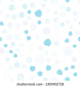 Light BLUE vector seamless natural background with leaves, flowers. Sketchy doodles on white background. Texture for window blinds, curtains.