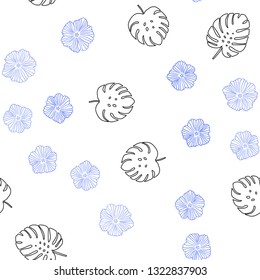 Light BLUE vector seamless natural background with flowers, leaves. Leaves, flowers in natural style on white background. Texture for window blinds, curtains.