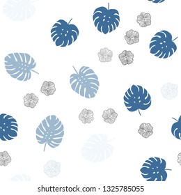 Light BLUE vector seamless natural artwork with flowers, leaves. Shining colored illustration with leaves and flowers. Template for business cards, websites.