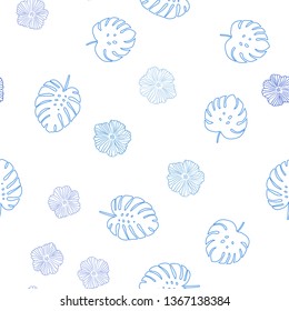 Light BLUE vector seamless natural backdrop with flowers, leaves. Shining colored illustration with leaves and flowers. Template for business cards, websites.