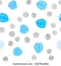 Light BLUE vector seamless natural background with flowers, leaves. An elegant bright illustration with leaves and flowers. Template for business cards, websites.