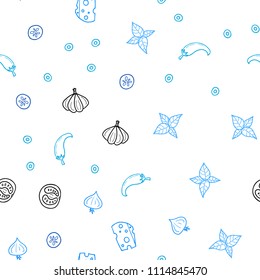 Light BLUE vector seamless pattern with fresh ingredients. Beautiful colored illustration with food in doodle style. Design for ad, poster, banner of cafes or restaurants.