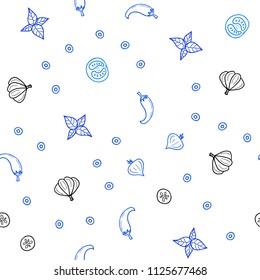 Light BLUE vector seamless pattern with fresh ingredients. Decorative shining illustration with food on abstract template. Doodle design for your business advert of cafes.