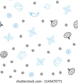 Light BLUE vector seamless pattern with fresh ingredients. Glitter abstract sketch with gourmet food. Pattern for menu of cafes, bars, restaurants.