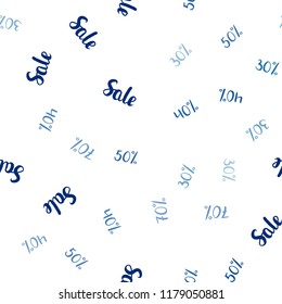 Light BLUE vector seamless pattern with 30, 40, 50, 70 percentage signs. Colored words of sales with gradient on white background. Template for season sales, shopping ads.