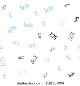 Light BLUE vector seamless pattern with 50 percentage signs. Shining colorful illustration with isolated selling prices. Pattern for ads, posters, banners of sales.