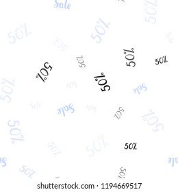 Light BLUE vector seamless pattern with 50 percentage signs. Colored words of sales with gradient on white background. Backdrop for mega promotions, discounts.