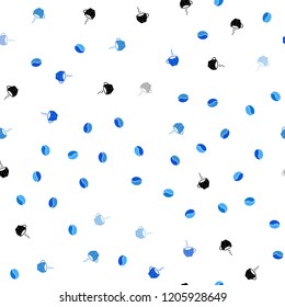 Light BLUE vector seamless pattern with coffee beans, cups. Glitter abstract backdrop with gradient mugs, coffee grains. Design for ad, poster, banner of cafes, restaurants.