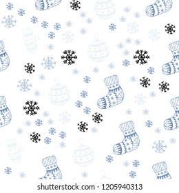 Light BLUE vector seamless pattern with christmas snowflakes, balls, socks, mittens. Colorful illustration with xmas symbols. Texture for window blinds, curtains.