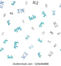 Light BLUE vector seamless pattern with 30 percentage signs. Colored words of sales with gradient on white background. Design for business ads, commercials.