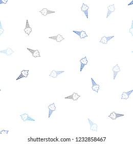 Light BLUE vector seamless pattern with cold ice-cream. Illustration with set of delicious sweet ice-cream cones. Doodle design for your business advert of cafes.