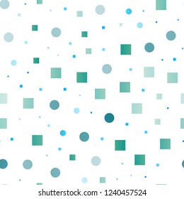 Light BLUE vector seamless pattern with spheres, squares. Abstract backdrop with colorful circles, rectangles. Pattern for design of window blinds, curtains.