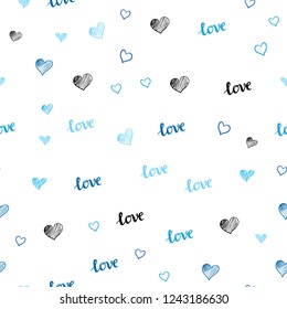 Light BLUE vector seamless pattern with phrase LOVE YOU, hearts. Colorful illustration with quote LOVE YOU, hearts. Texture for window blinds, curtains.