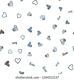 Light BLUE vector seamless pattern with phrase LOVE YOU, hearts. Illustration with words of love, hearts in abstract style. Texture for window blinds, curtains.