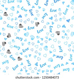 Light BLUE vector seamless pattern with phrase LOVE YOU, hearts. Illustration with words of love, hearts in abstract style. Texture for window blinds, curtains.