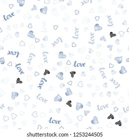 Light BLUE vector seamless pattern with phrase LOVE YOU, hearts. Illustration with words of love, hearts in abstract style. Design for wallpaper, fabric makers.