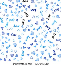 Light BLUE vector seamless pattern with phrase LOVE YOU, hearts. Design in doodle style with text LOVE YOU, hearts. Design for textile, fabric, wallpapers.