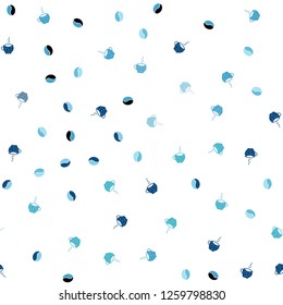 Light BLUE vector seamless pattern with coffee beans, cups. Gradient illustration with set of mugs, beans. Design for ad, poster, banner of cafes, restaurants.