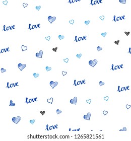 Light BLUE vector seamless pattern with phrase LOVE YOU, hearts. Illustration with words of love, hearts in abstract style. Pattern for design of fabric, wallpapers.