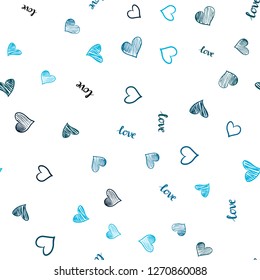 Light BLUE vector seamless pattern with phrase LOVE YOU, hearts. Illustration with words of love, hearts in abstract style. Texture for window blinds, curtains.