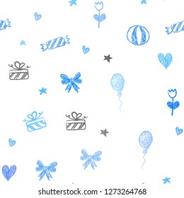Light BLUE vector seamless pattern in christmas style. Abstract illustration with aheart, baloon, candy, gift, star, ribbon. Pattern for new year ads.