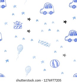 Light BLUE vector seamless pattern in christmas style. Colorful illustration with a toy car, baloon, candy, star, ball. Pattern for birthday gifts.